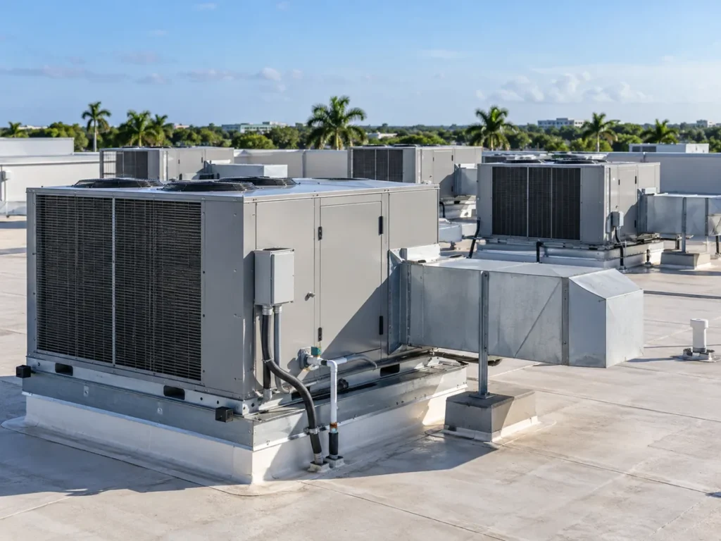 Commercial rooftop HVAC units with connected ductwork